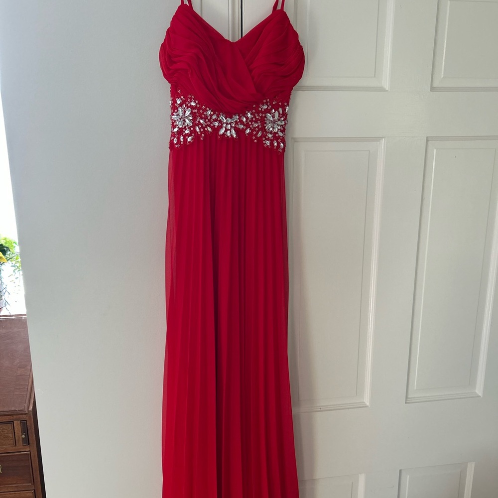 Elegant Red Gown with Embellished Bodice